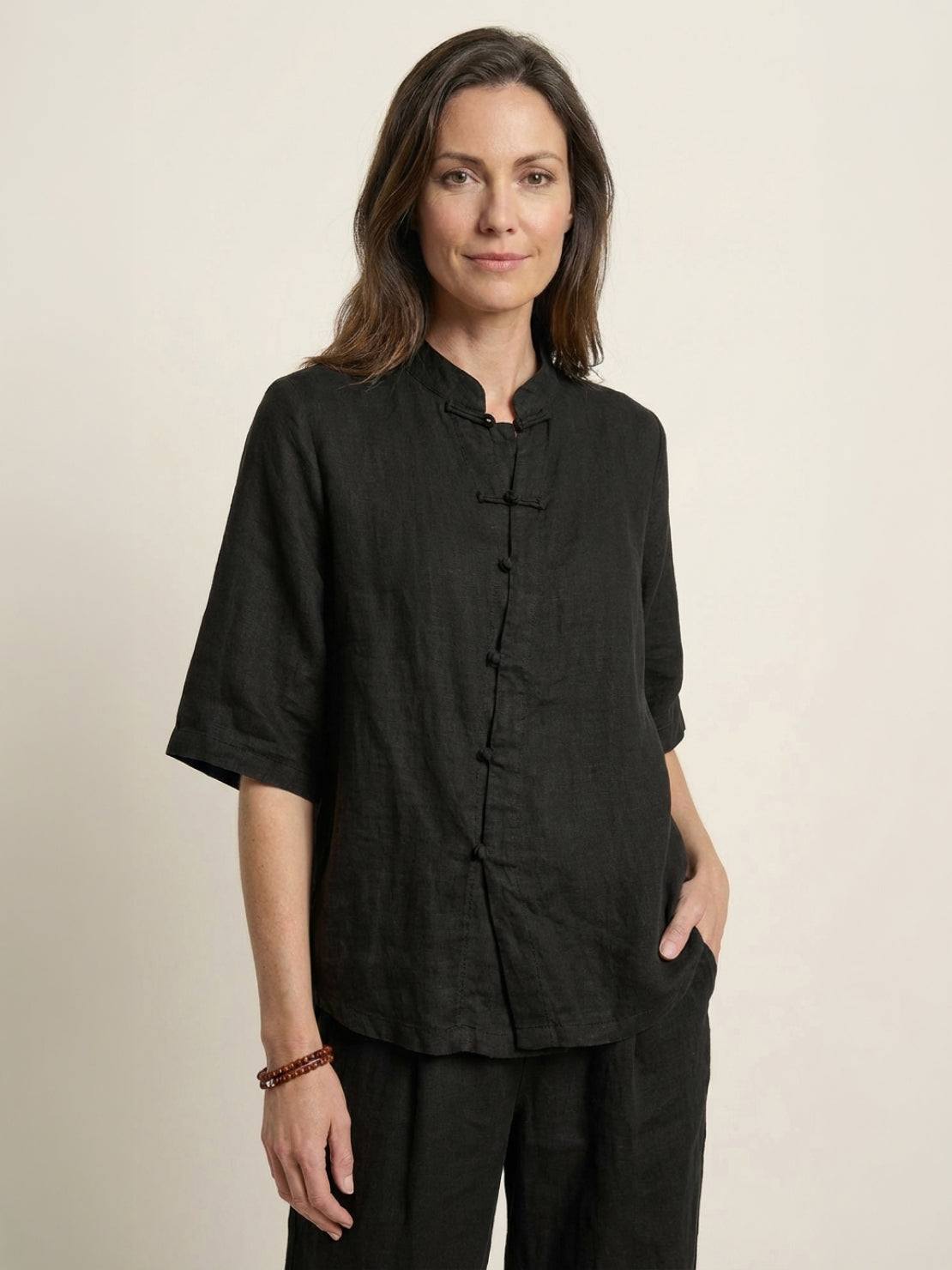 100% cotton artisan two-piece set with oversized button-front shirt and wide-leg elastic waistband pants