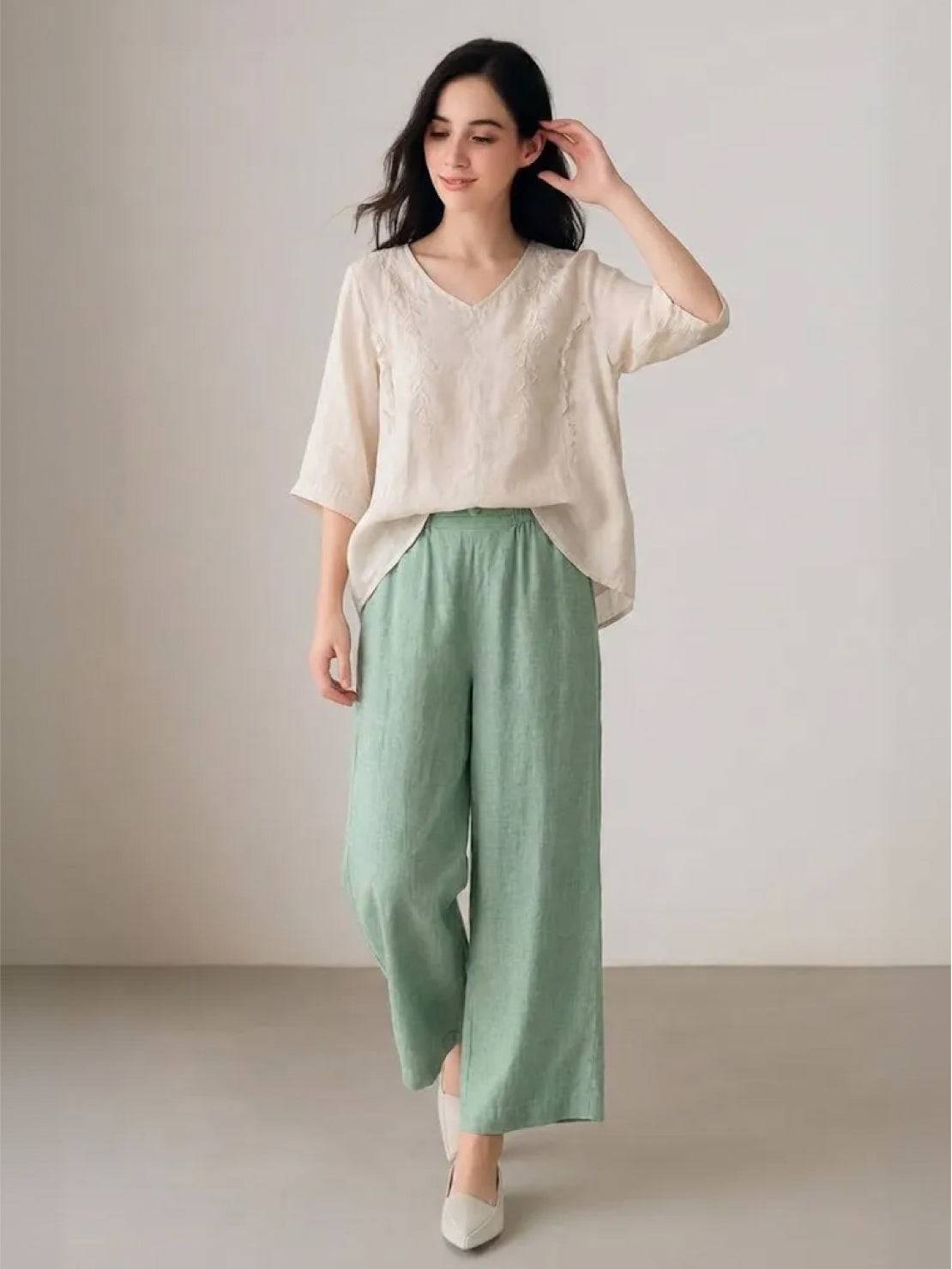 100% cotton linen blend golden hour set with embroidered V-neck top and high-waisted wide-leg trousers