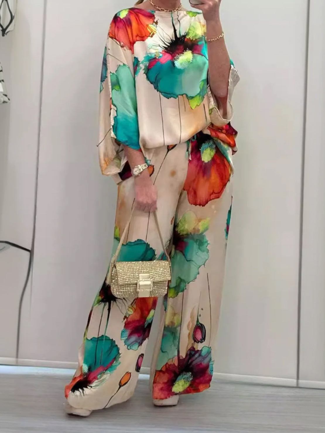 plus size vibrant floral matching set with flowy silhouette and elastic waistband