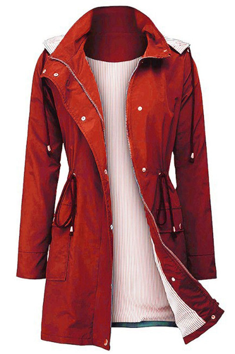 Women's red water resistant hooded striped windbreaker rain jacket with zipper and buttons