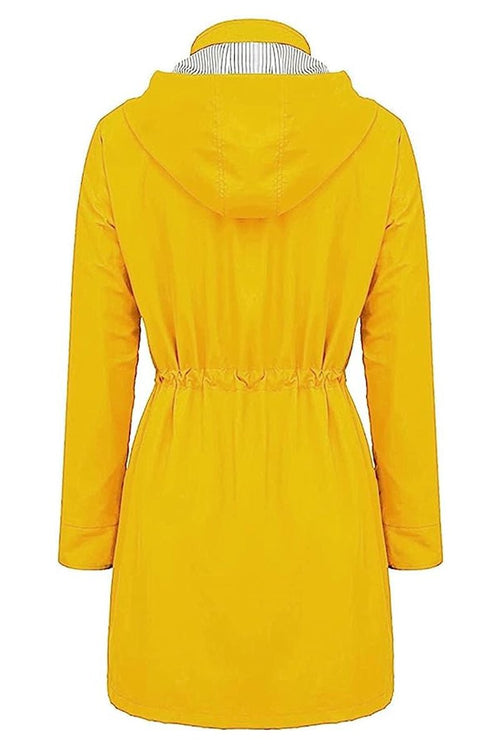 Yellow water resistant hooded striped windbreaker for women back view