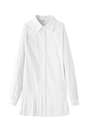 White pleated fashion plain shirt dress for women, long sleeves, thigh-length, made of premium cotton fabric.