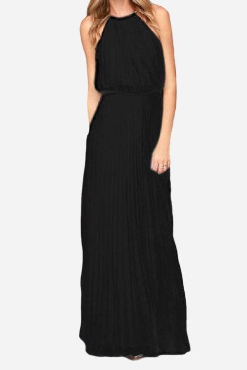 black sleeveless belted maxi pleated dress with round neck and cinched waist