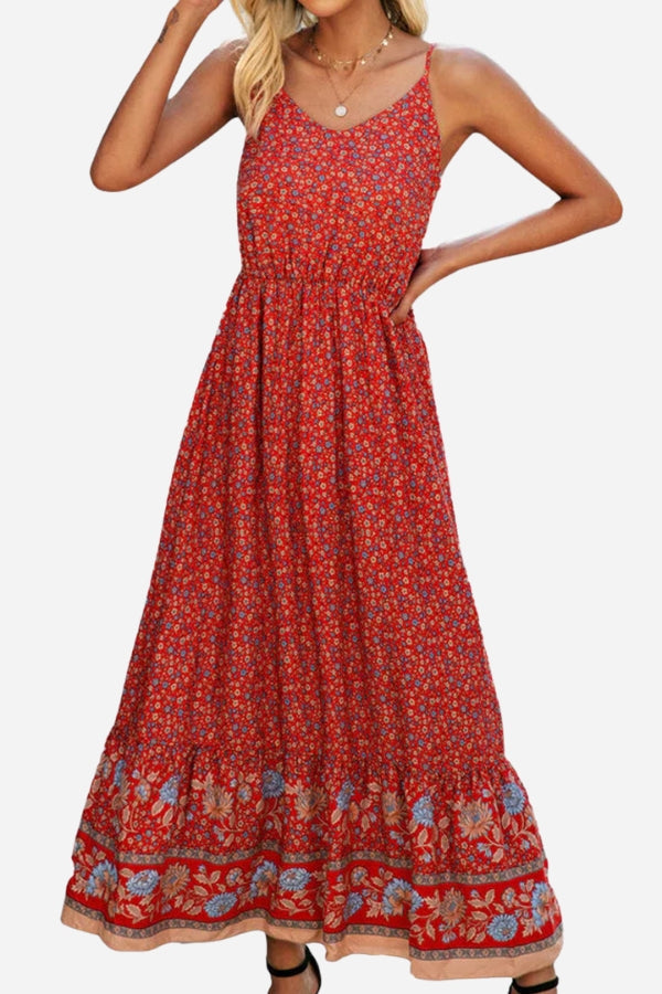 Red vintage flower prints maxi dress with spaghetti straps and elastic waist