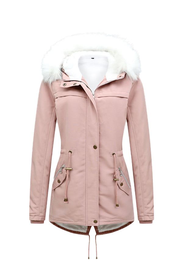 Thick long-sleeve zipper overcoat pink with fur-lined hood and front pockets
