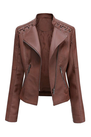 Slim fit leather motorcycle jacket in brown with zipper closure and detailed shoulder design