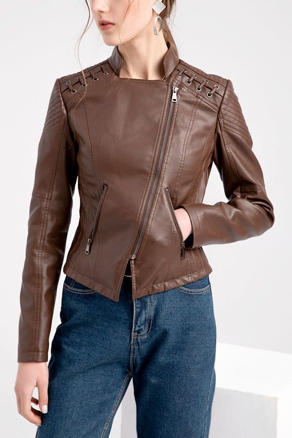 Slim fit brown leather motorcycle jacket with zipper and textured shoulder design