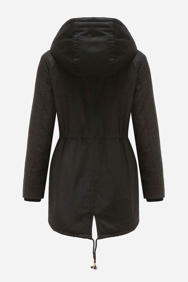 Back view of extra comfortable black cotton parka coat with hood and adjustable hem