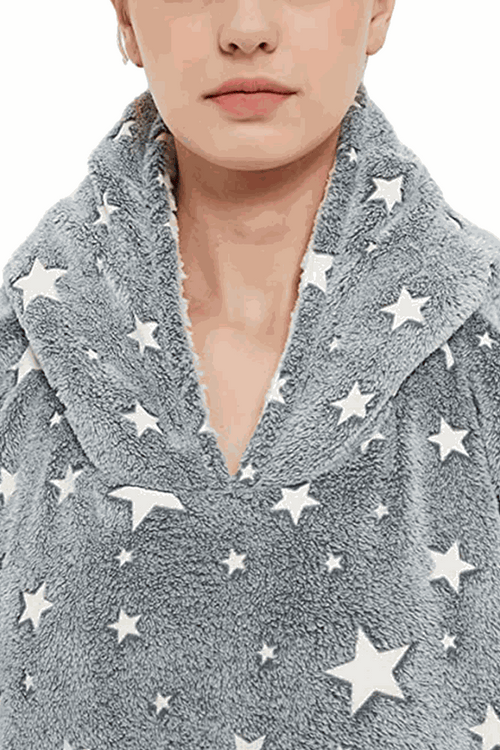 Gray Lazy Fleece Blanket Sweater with white star pattern, oversized soft fleece fabric and cozy hood