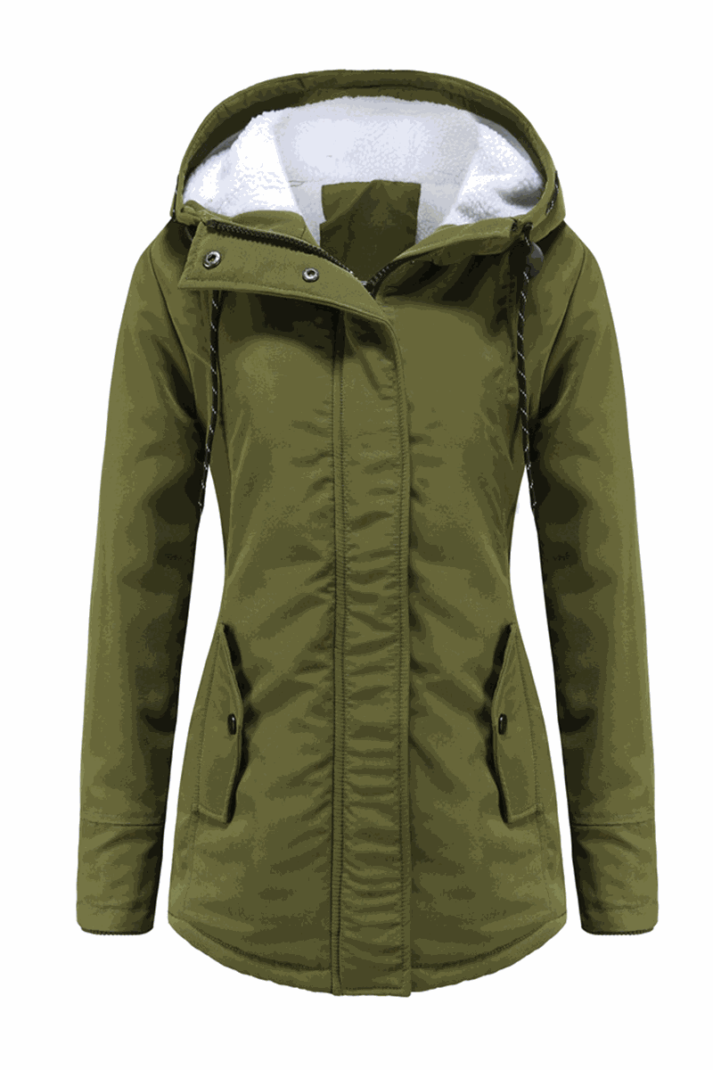 Olive green casual hooded velvet coat with windproof adjustable hood, water-resistant surface, hidden elastic rib cuffs, and multiple pockets.