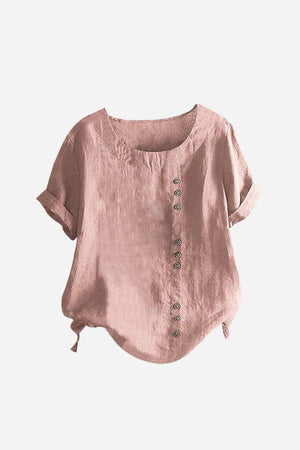 Relaxed Fit Linen Button-Up Tee in muted pink with short sleeves and button detail.