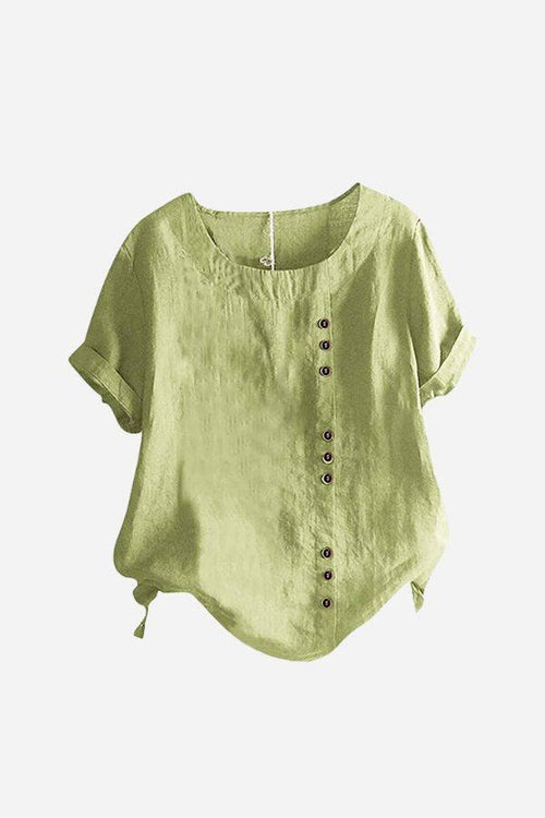 Light green relaxed fit linen button-up tee with short sleeves and stylish button detail