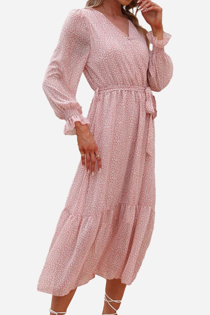 Pink floral Bloom Wrap Midi Dress with trumpet sleeves and A-line silhouette