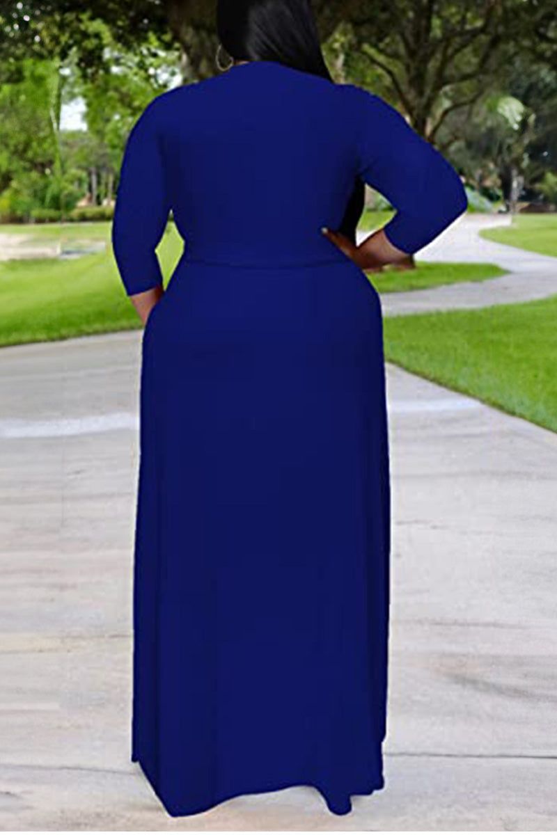 Plus size elegant belted dress with 3/4 sleeves and swing skirt in solid blue color