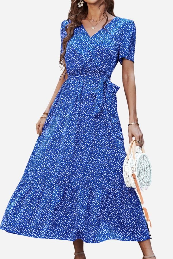 Blue Charming Floral Boho Maxi Dress with wrap V-neck, belted waist, ruffle hem, and short sleeves in chiffon polyester fabric