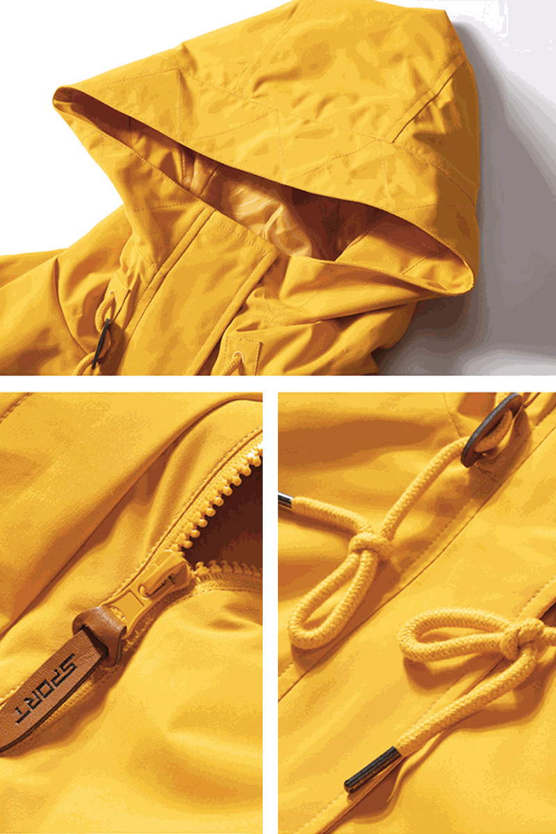 Yellow Versatile Chic Two-Piece Windbreaker Set with adjustable hood, zipper, and drawstring details