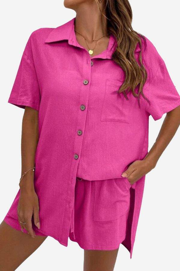 Bright pink Sunny Day Vibrance two-piece summer set with short sleeves and matching shorts