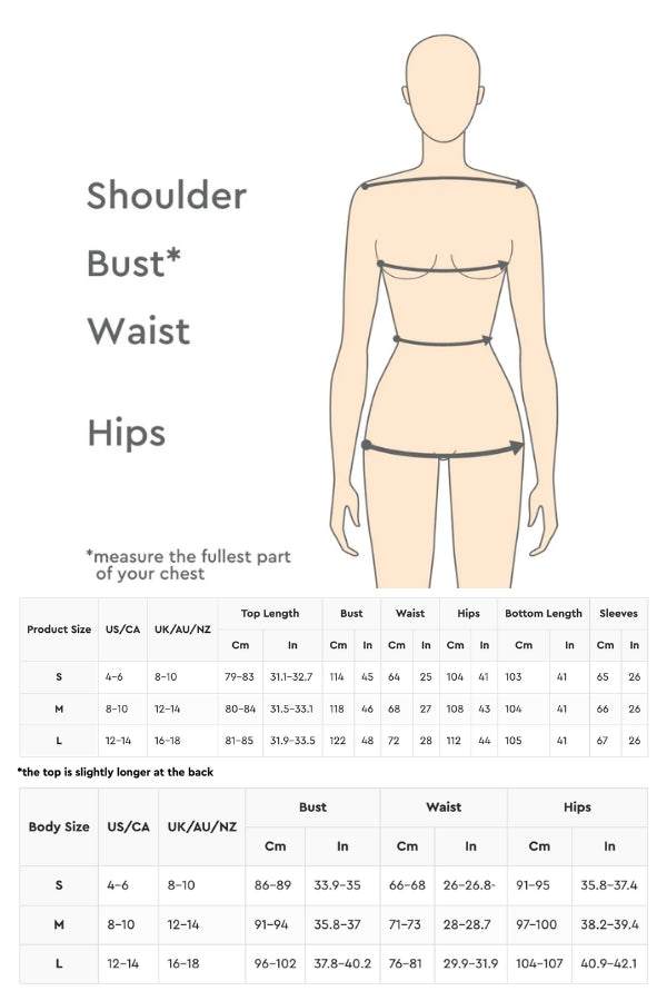 size chart for oversized shirt and palazzo pants two-piece linen set showing measurements for bust, waist, hips, top and bottom lengths, and sleeves in cm and inches