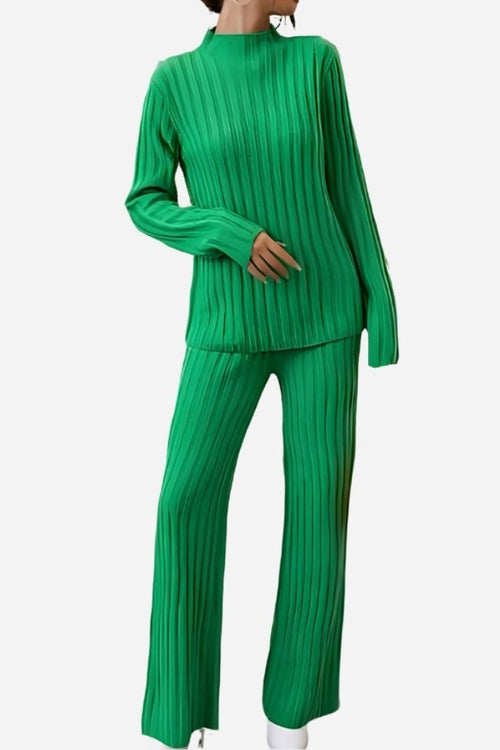Timeless Striped Two-Piece green ribbed knitwear set with long sleeves and wide-leg pants
