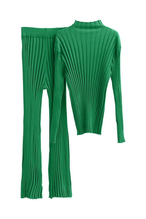 Timeless Striped Two-Piece green knitwear set with ribbed texture, long sleeves, and cozy polyester fabric