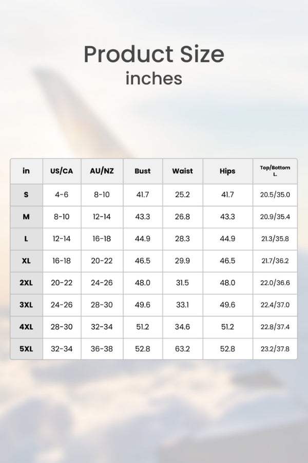 loose solid color two-piece set with size chart showing bust, waist, hips, and length measurements in inches for women