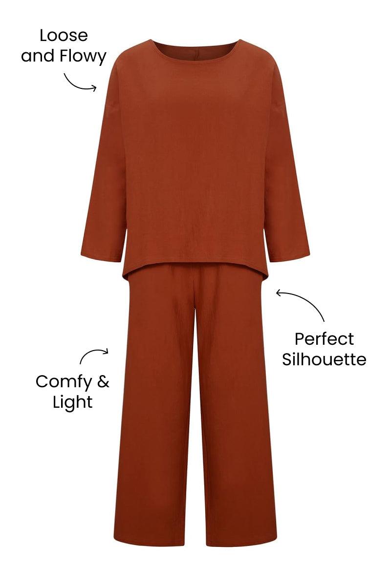 Everyday Fashion Loose-Fit two-piece matching set in rust color, loose and flowy top with comfy, lightweight fabric and perfect silhouette pants