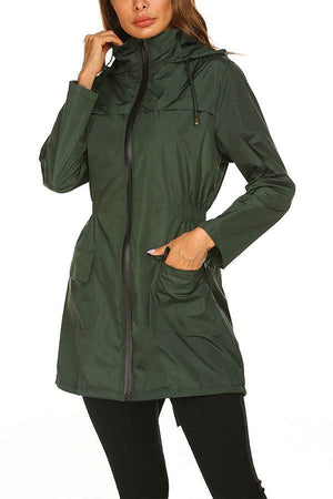 Outdoor and Travel Hooded Raincoat windbreaker jacket in green, lightweight and weather-resistant design with front zipper and pockets.