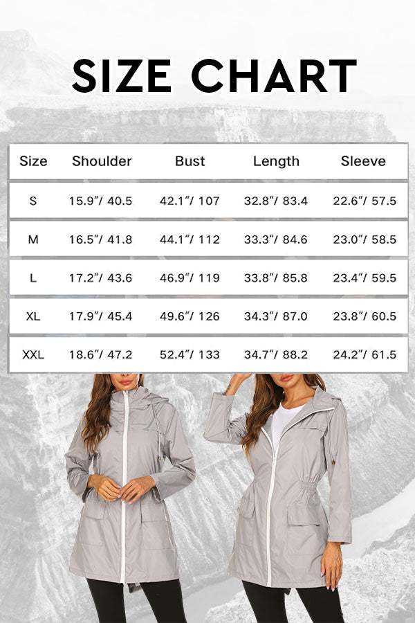 Outdoor and Travel Hooded Raincoat size chart with measurements and models wearing light gray windbreaker jacket