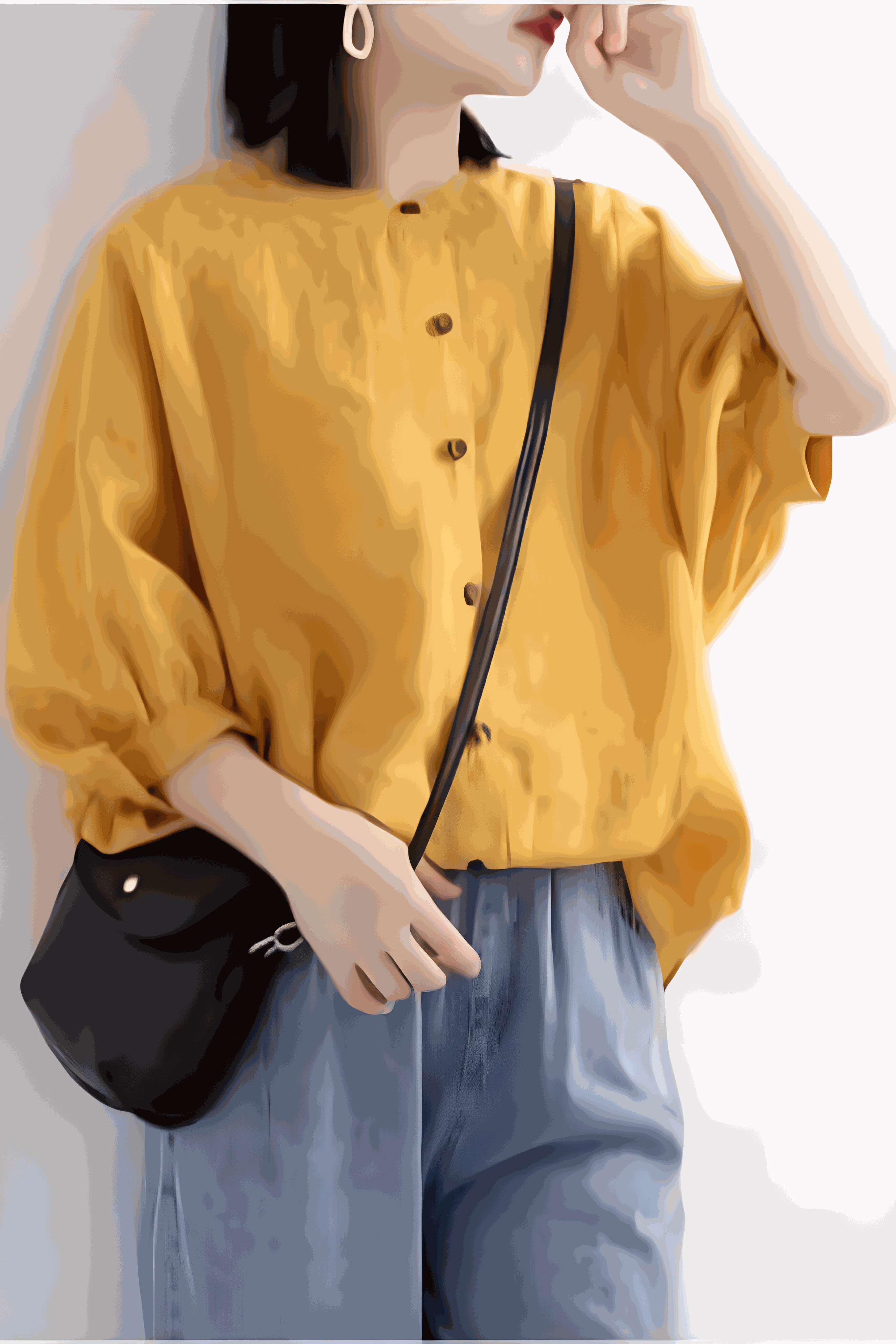 Relaxed loose breathable linen blouse in vibrant yellow with button-down front and puff sleeves, styled with casual blue pants and black shoulder bag.