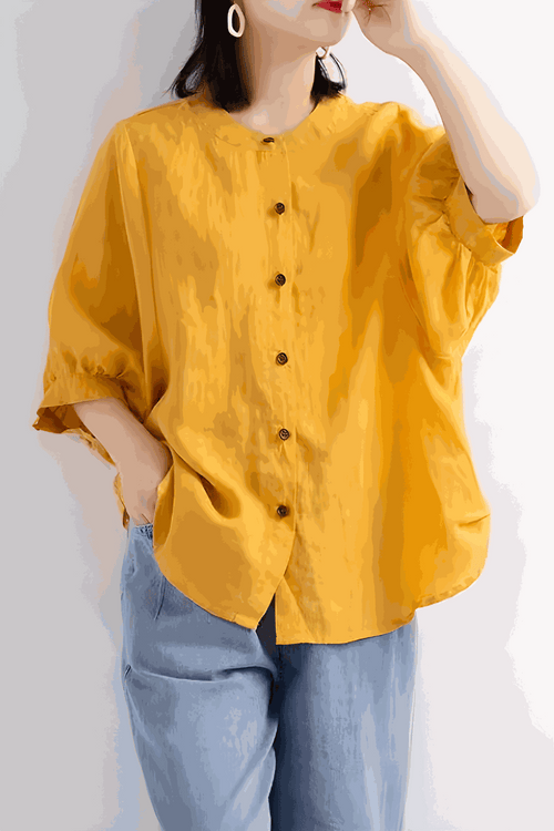Relaxed loose breathable linen yellow blouse with button-down front and 3/4 sleeves