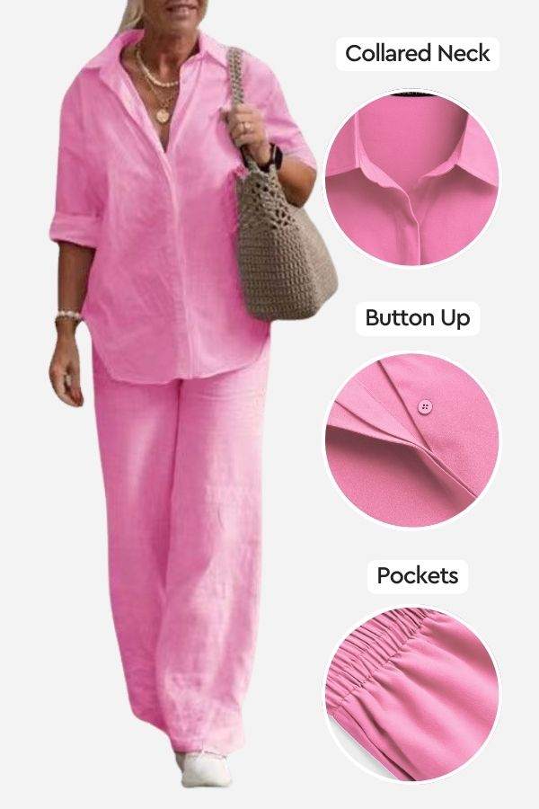 Woman wearing pink relaxed shirt and trousers two-piece set with collared neck, button-up front, and elastic waist pockets, casual and comfortable style.