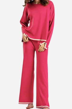 Long sleeved relaxed fit lounge two-piece set in pink with wide-leg palazzo pants and sweater trim detail