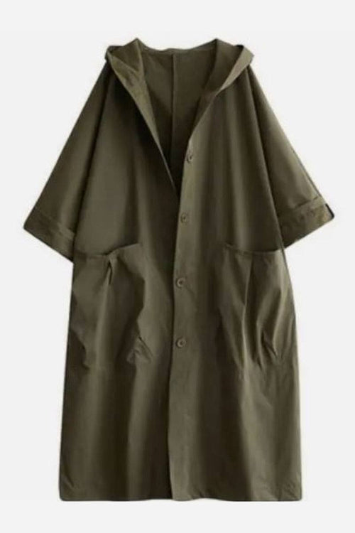 One size fits all oversized water resistant windbreaker jacket in olive green with hood and front pockets