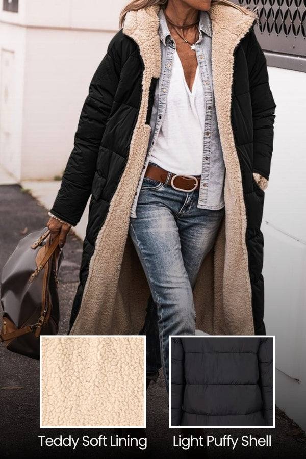 Black sherpa-lined hooded teddy coat with soft teddy fleece interior and light puffy shell exterior.