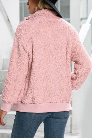 Cozy long sleeve pink sherpa jacket with warm fleece interior and soft exterior, lightweight and stylish for layering.
