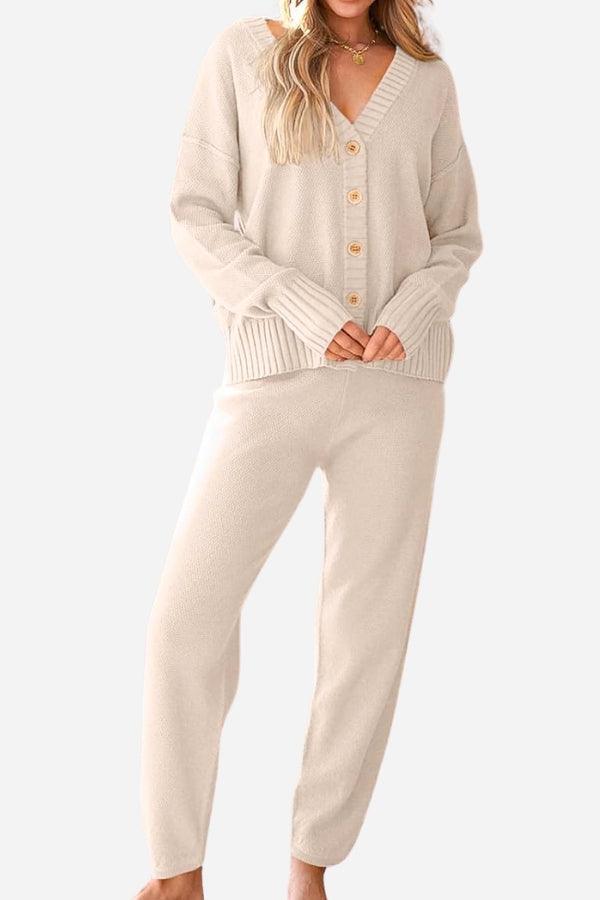 Beige two-piece knitwear relaxed co-ord set featuring a button-up cardigan and matching soft knit pants.