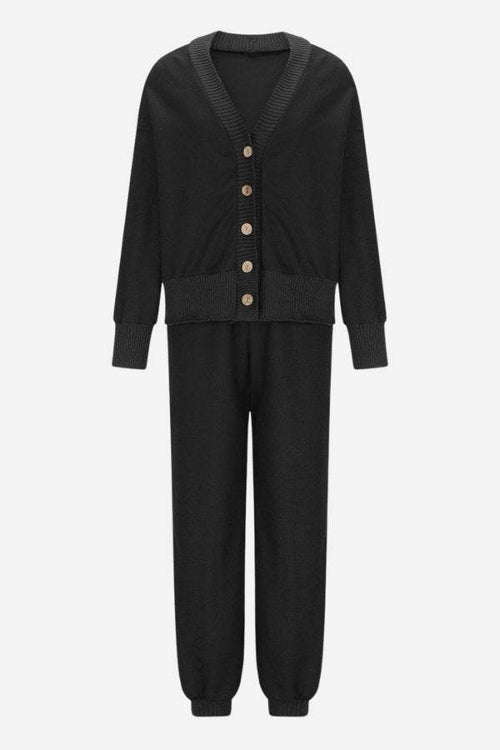 Black two-piece knitwear set with buttoned cardigan and relaxed pants, soft polyester fabric, comfortable and versatile design.