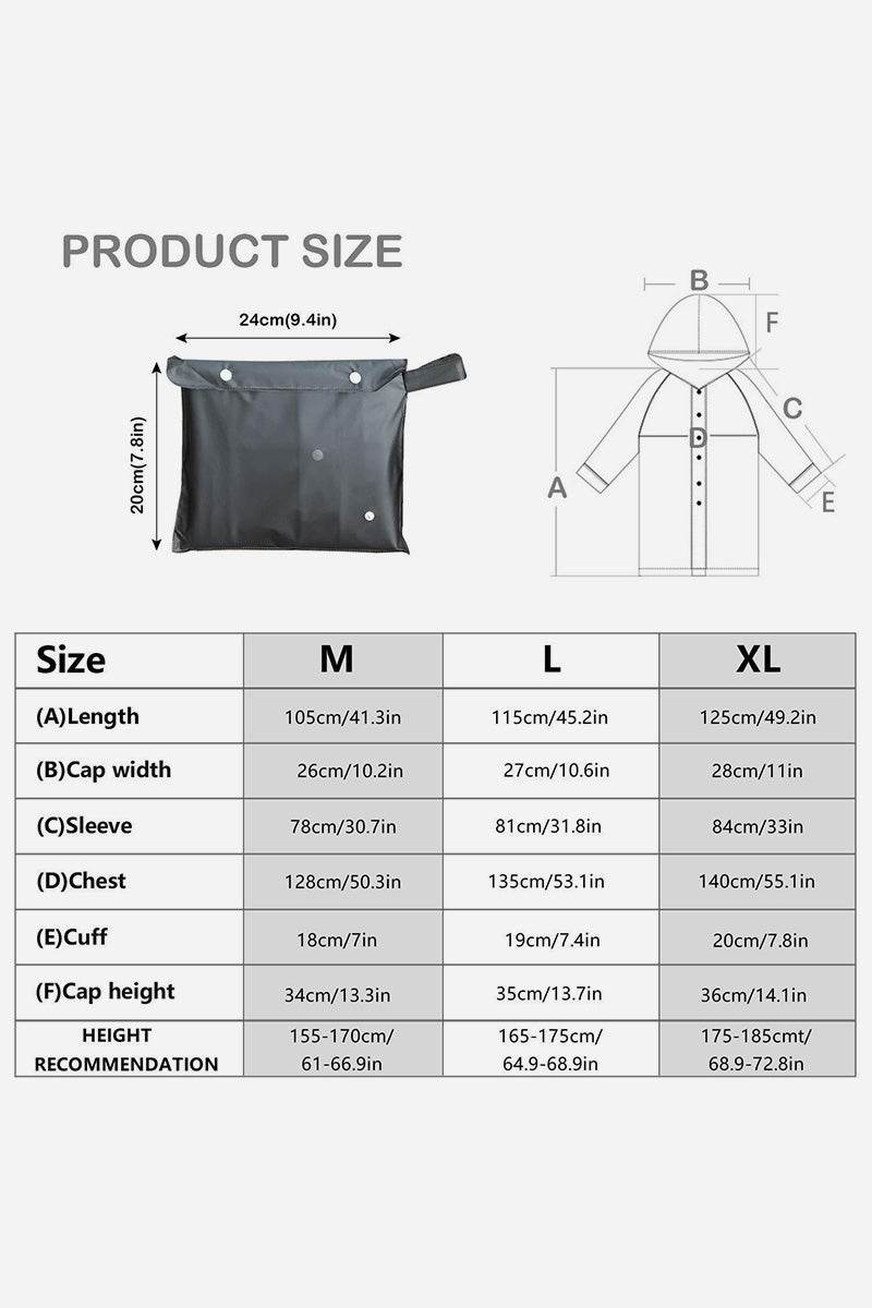 Chic Drizzle Defender packable raincoat size chart and measurements diagram