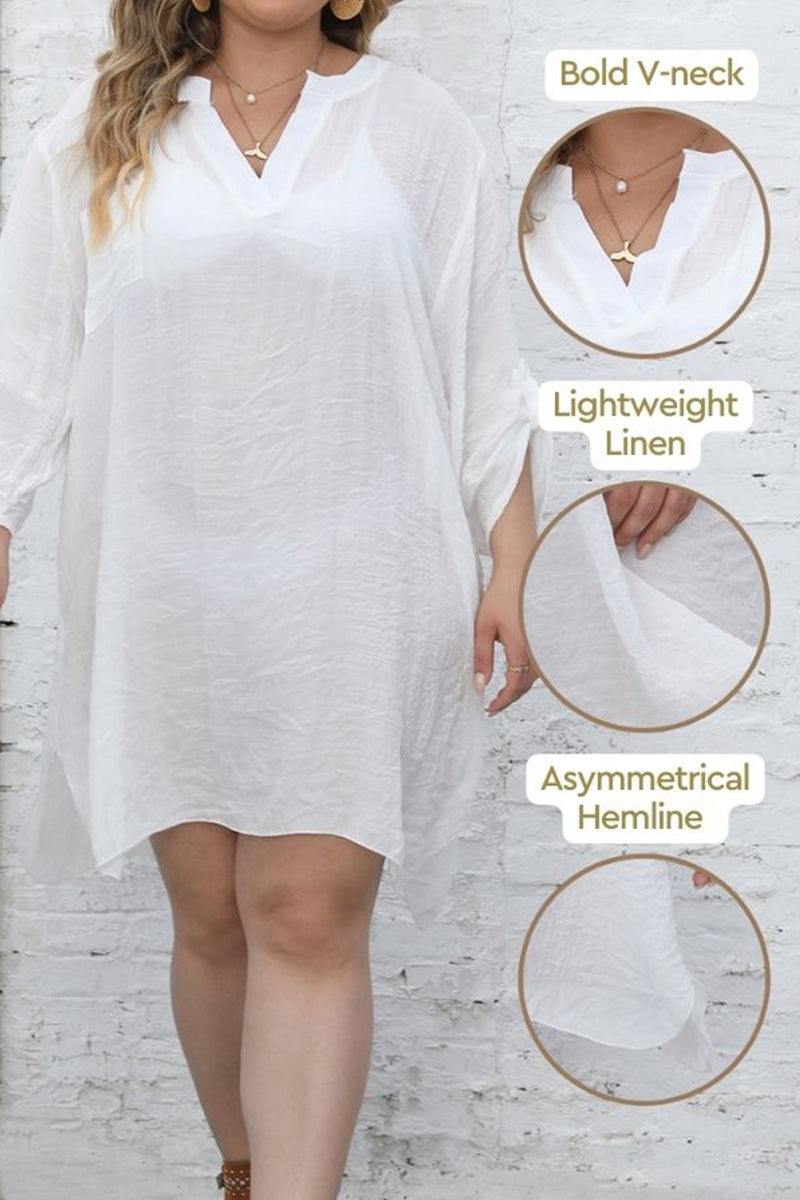 Woman wearing white airy V-neck tunic with lightweight linen fabric and asymmetrical hemline