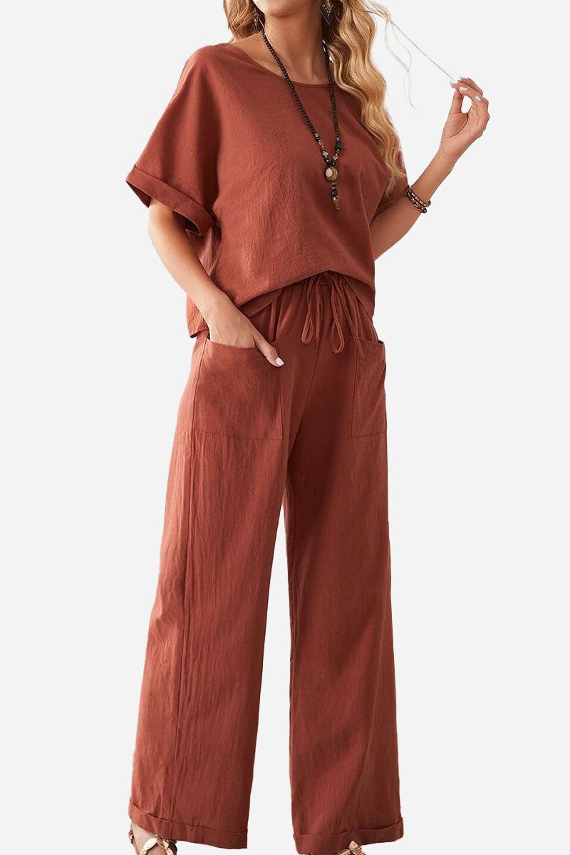 Women's rolled cuff top and patch pocket pants set in rust color, relaxed fit, breathable fabric