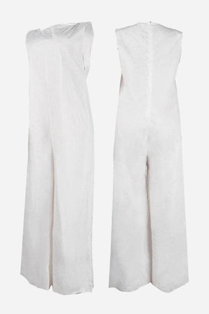 White sleeveless wide-leg jumpsuit with body-balance cut and sleek silhouette front and back view