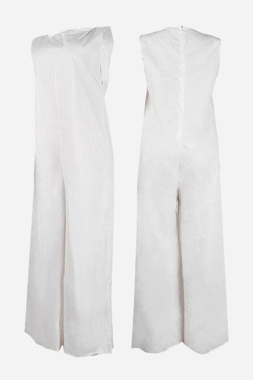 White sleeveless wide-leg jumpsuit with body-balance cut and sleek silhouette front and back view