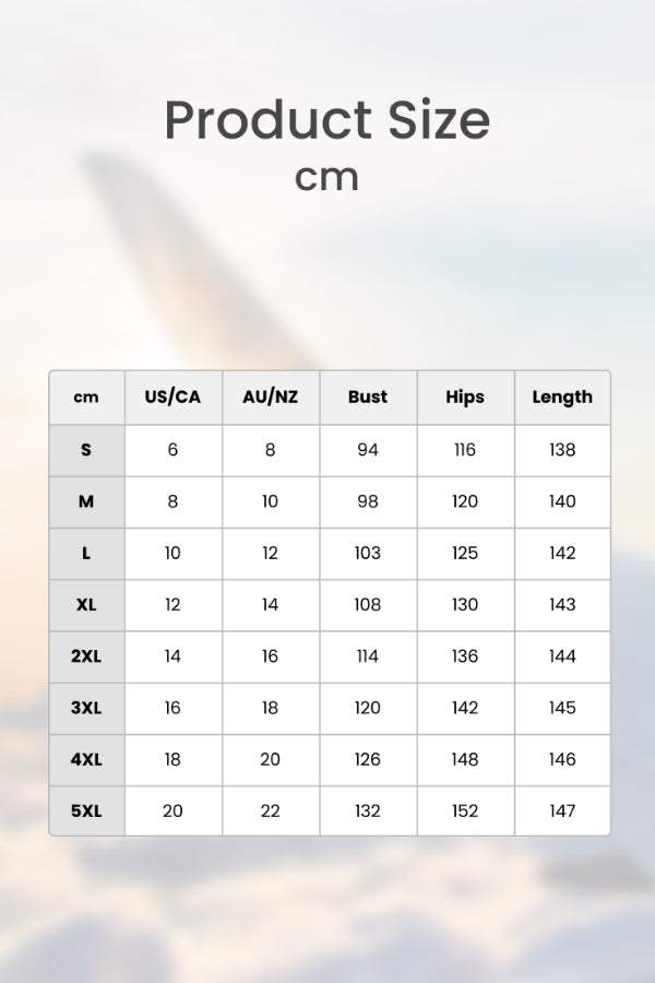 Bohemian Fantasy Overalls size chart with measurements in cm for bust, hips, and length in various sizes from S to 5XL