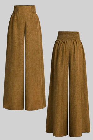Brown high waist wide leg pants with elastic waistband and lightweight fabric.