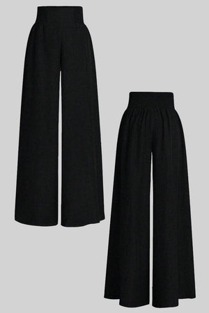 Black high waist wide leg pants with elastic waistband, lightweight and breathable fabric, loose and flowing fit.