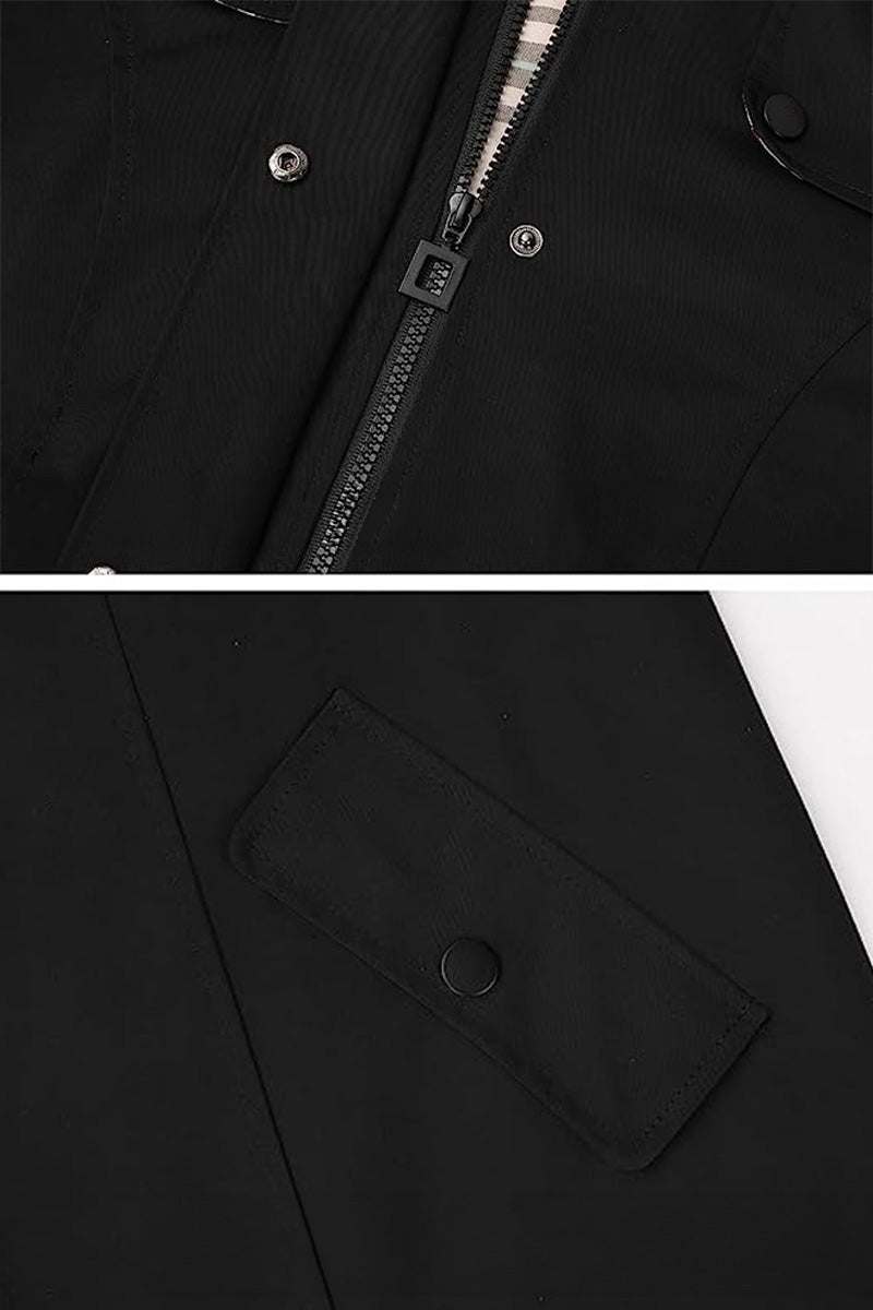 Close-up of black Elegant Plaid Raincoat Windbreaker zipper and button details