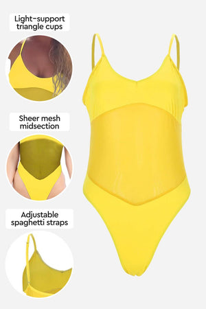 Yellow Mesh Tan-Through One Piece Swimsuit with light-support triangle cups, sheer mesh midsection, and adjustable spaghetti straps