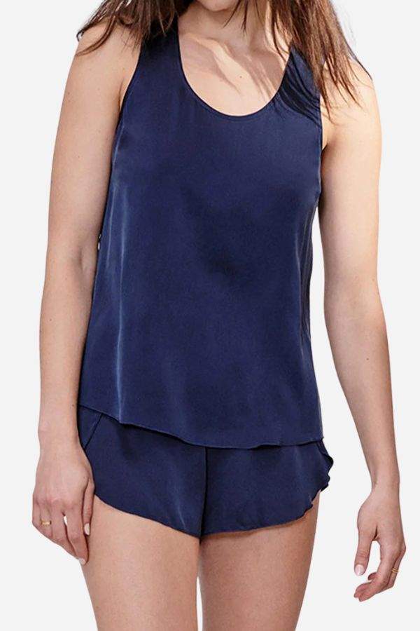 Women wearing navy Mulberry Silk Tank & Shorts Set lounge wear