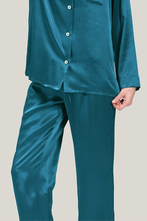 teal classic mulberry silk pajama set with button-down top and wide-leg pants