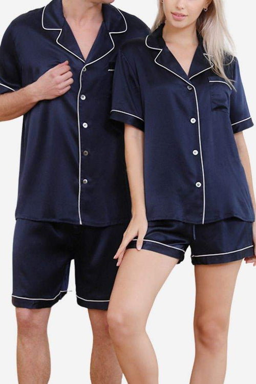Mulberry Silk Couples Pajamas navy blue matching set with white piping, breathable and soft silk fabric for comfort and style